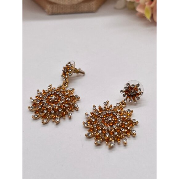 Pierced Earrings 2" Long Fiery Sun Burst and Gold Plated Stunning Earrings - Picture 3 of 10